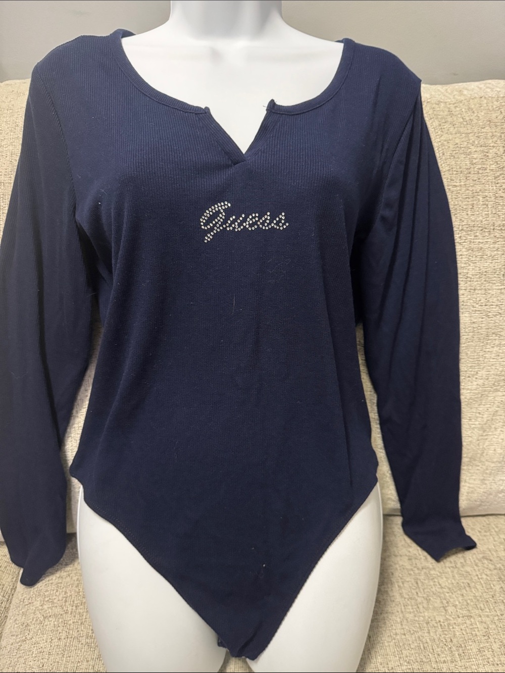 Guess Navy Long-Sleeve Bodysuit with Rhinestone Script